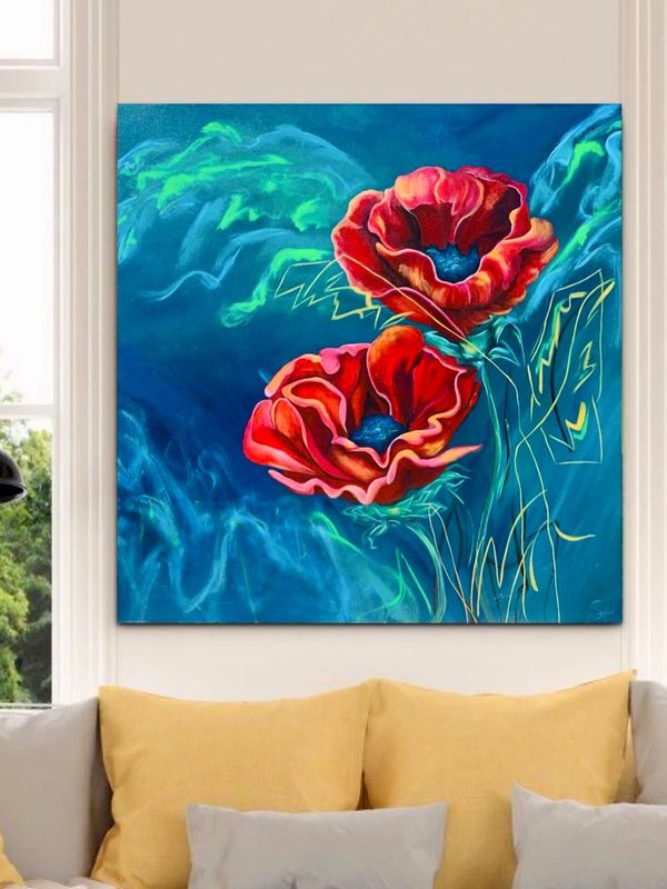 flores rojas en fondo azul con aquamarina. arte sobre lienzo acrilico de chechel rivera panama