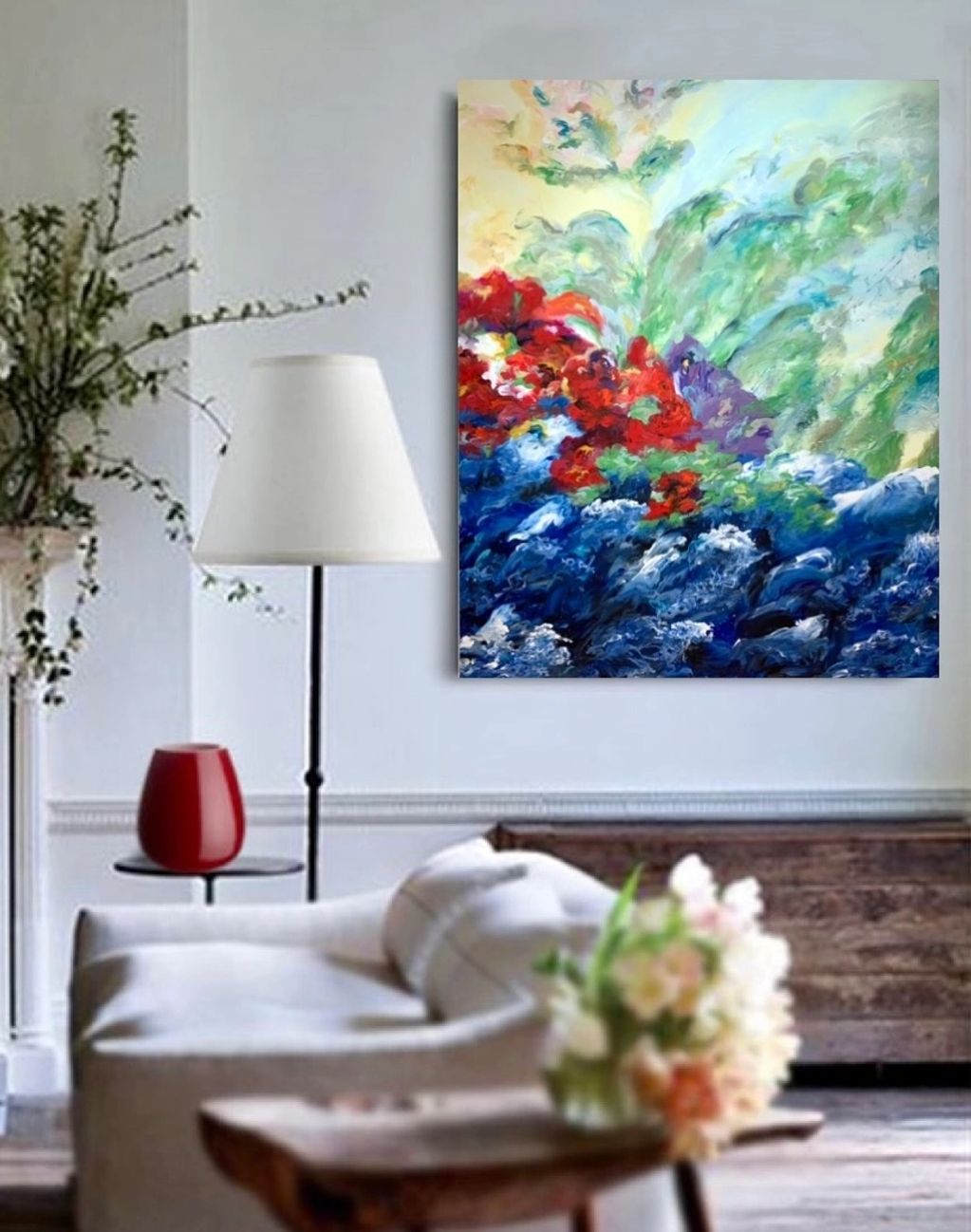 obra de arte de veraneras coloridas flotando en el oceano azul chechel rivera Panamá arte