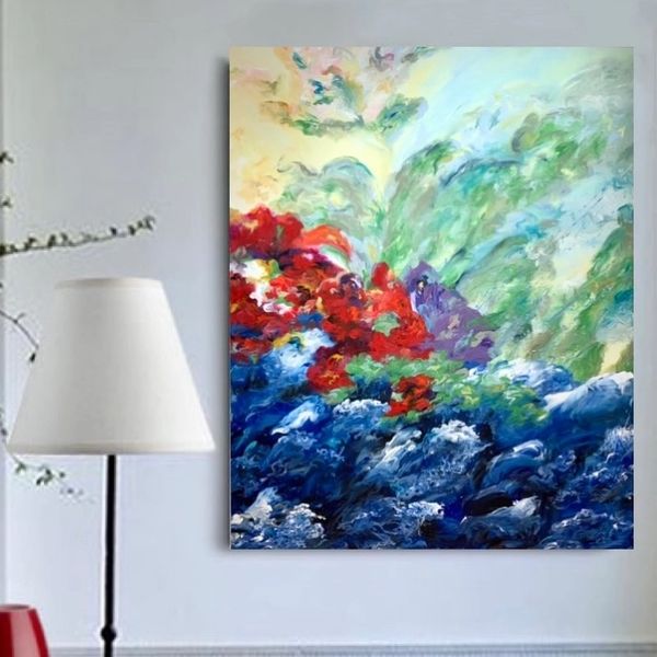 Colorful abstract painting in a modern living room with elegant decor.