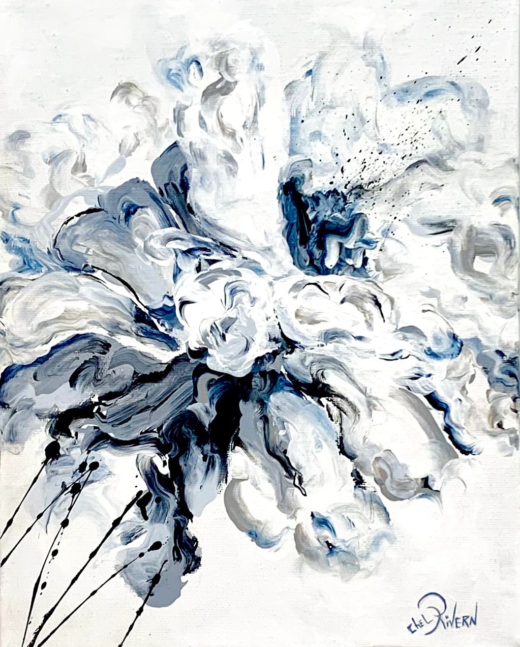 flor abstracto en monocromatico blanco y negro azulado por chechel rivera arte panamá