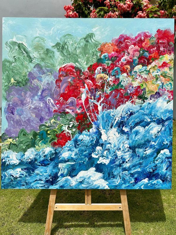 Explosión floral en paleta vibrante, con oleaje dinámico chechel rivera obra de arte Panamá