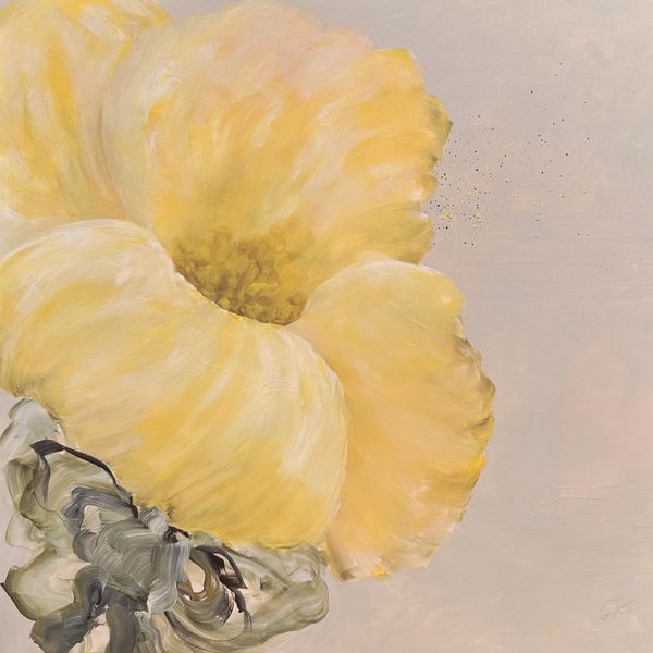 A soft, impressionistic painting of a large yellow flower with muted background.