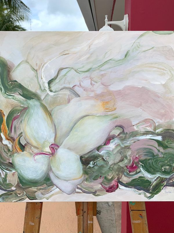 Abstract floral painting with soft green, white, and pink tones.