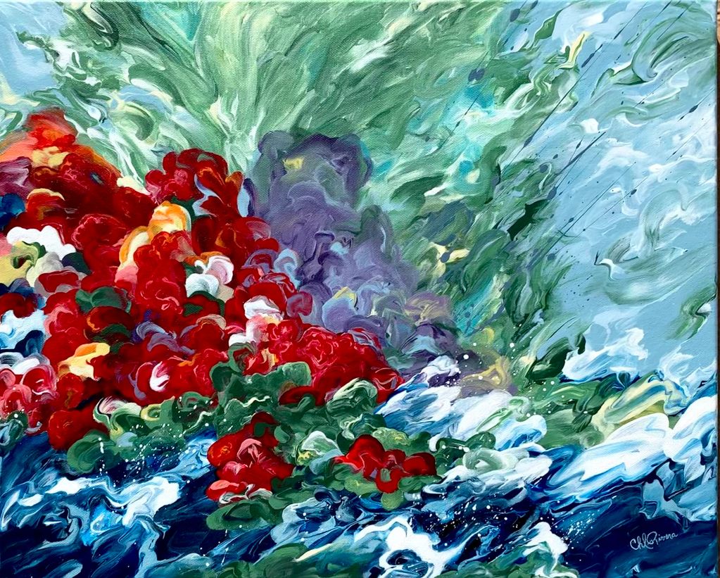 obra de arte de oleaje tropica con muchos colores en las olas por chechel rivera arte panama