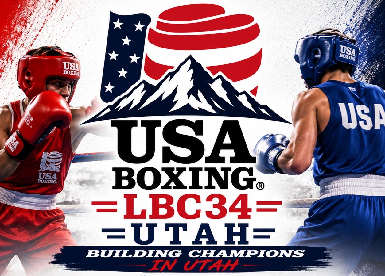 Two boxers in red and blue gear face off with USA Boxing logo and Utah branding.