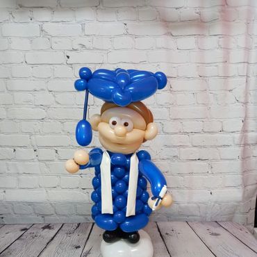 Balloon sculpture of a blue and white figure holding a balloon umbrella.