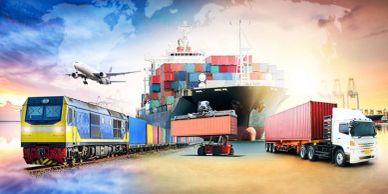 Various transportation modes including train, ship, truck, and airplane for cargo shipping.