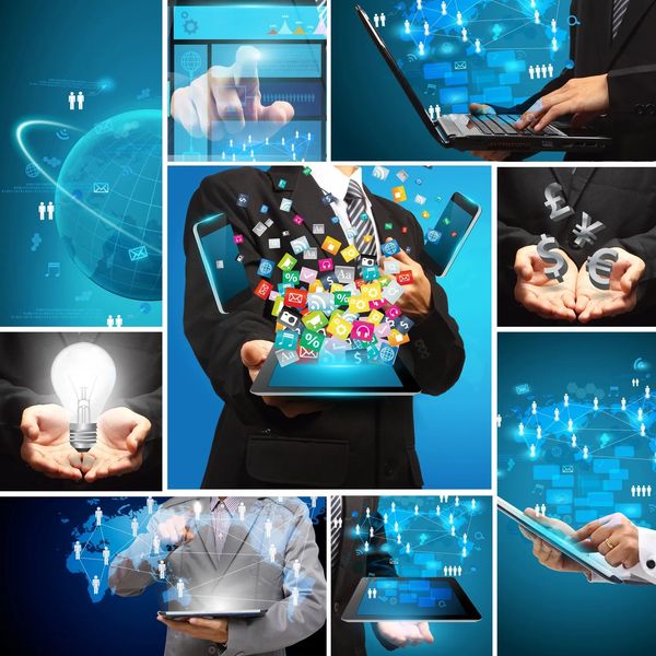 Collage of businesspeople interacting with digital technology and global networks.
