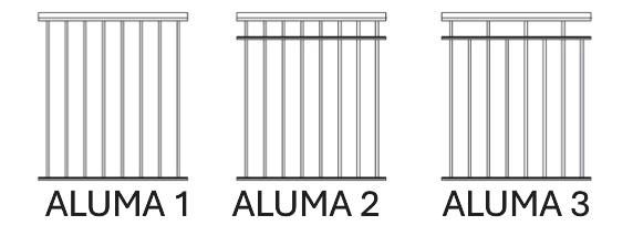 Diagram showing three types of vertical blinds labeled ALUMA 1, ALUMA 2, and ALUMA 3.