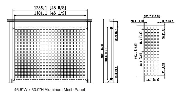 Detailed technical drawing of a 46.5"W x 33.9"H aluminum mesh panel.