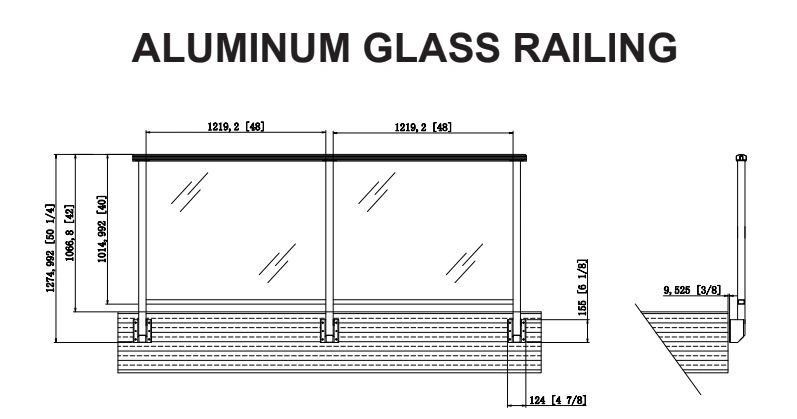Technical drawing of aluminum glass railing with dimensions.