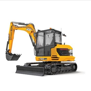 Yellow JCB mini excavator with a digging bucket and tracks.