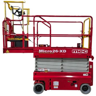 A red and yellow scissor lift labeled Micro26-XD by mec.