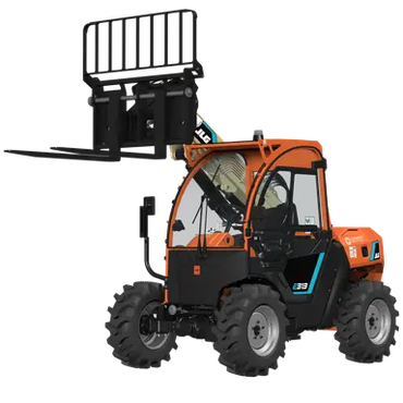 Orange and black forklift with large tires and protective cage.