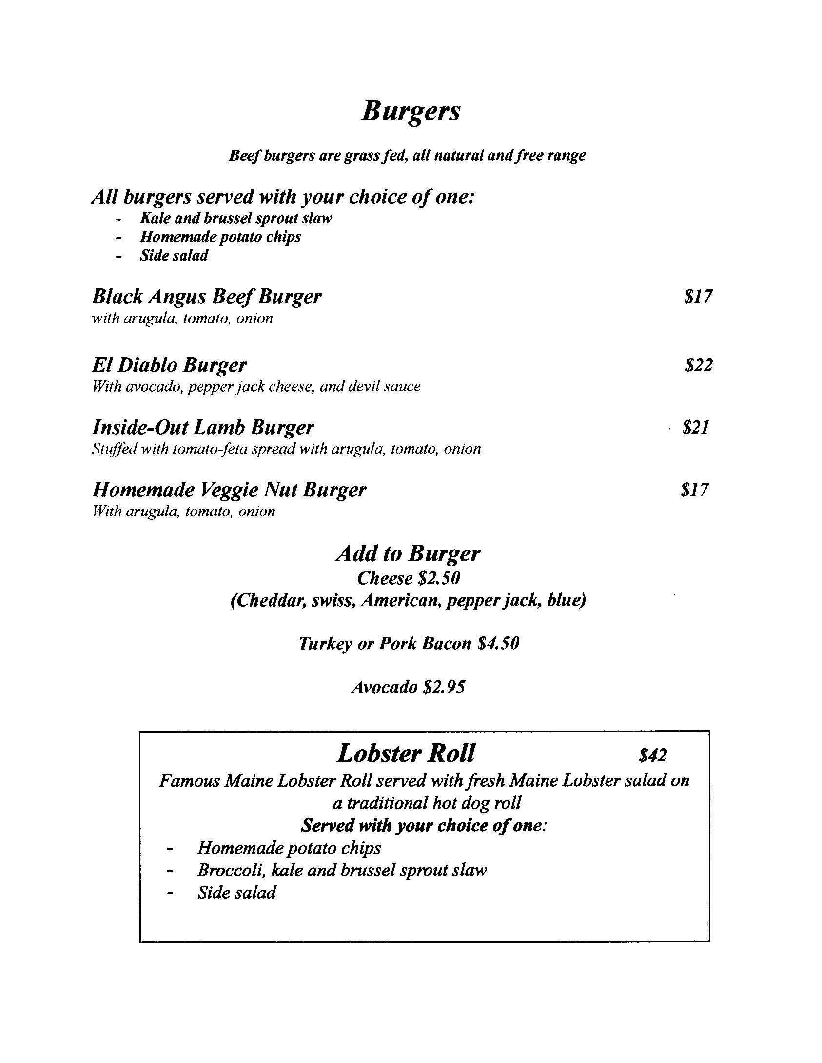 Menu featuring grass-fed beef burgers and a lobster roll with various sides.