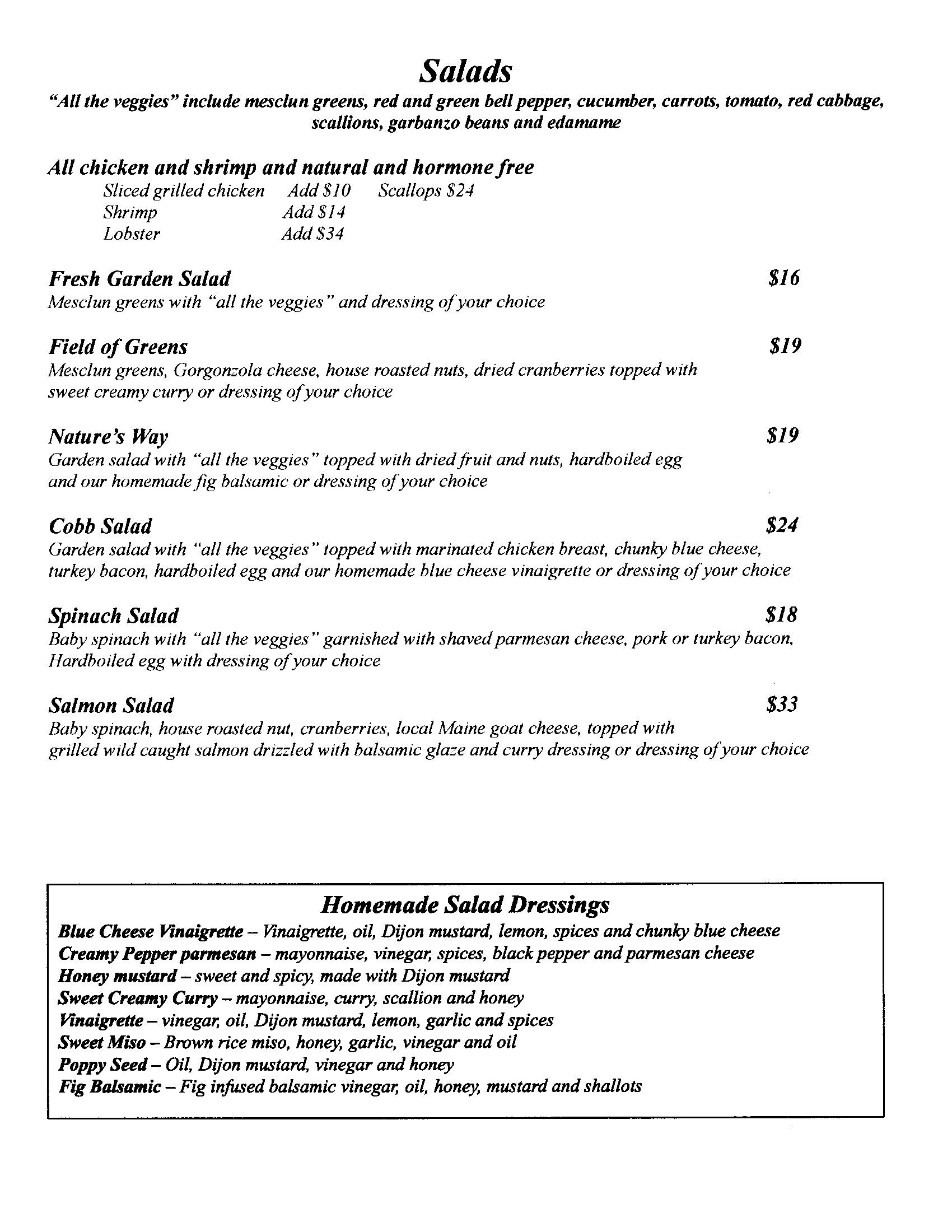Salads menu with fresh ingredients and homemade dressings.