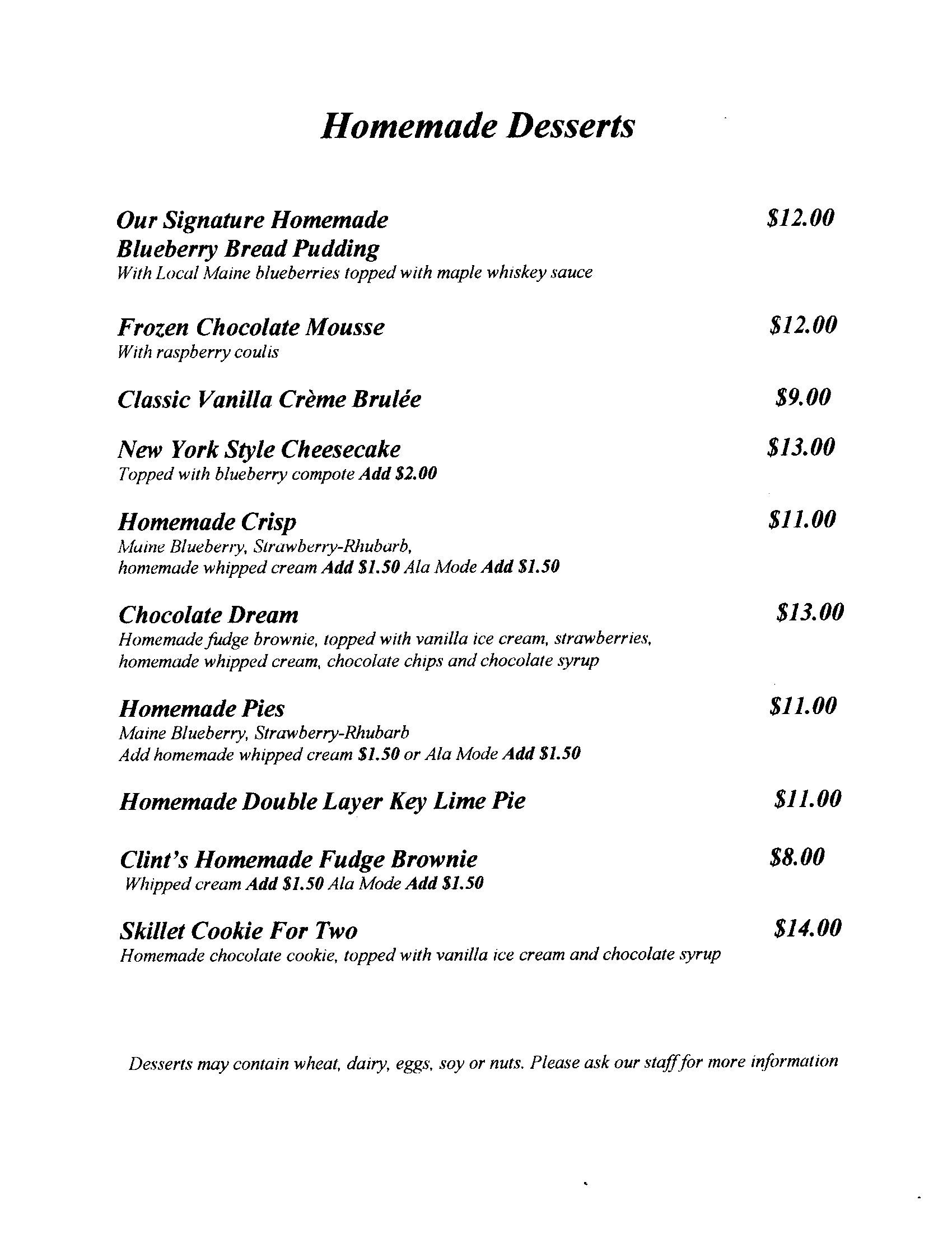 Homemade dessert menu featuring blueberry bread pudding, chocolate mousse, crème brulée, cheesecake, and more.