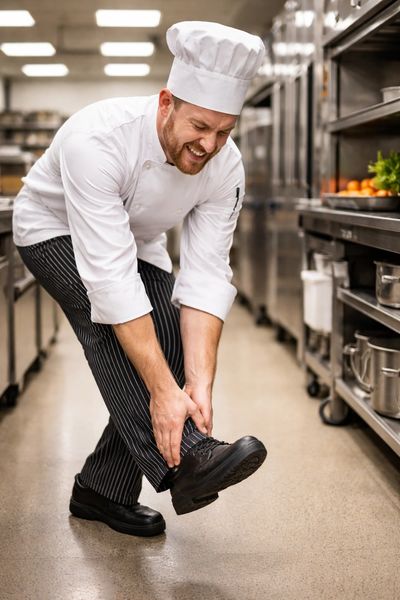 Chef in uniform holding his ankle, appearing to be in pain in a kitchen.