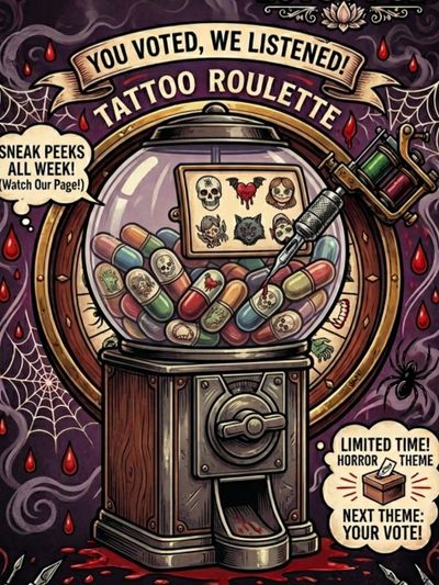 Vintage tattoo roulette machine with horror-themed capsules and skull designs.