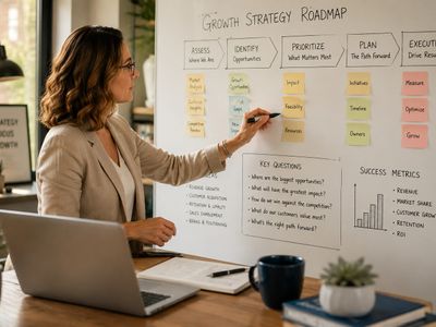 Woman planning a growth strategy roadmap on a whiteboard in an office.