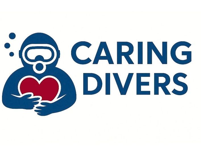 Logo of a diver holding a red heart with text 'Caring Divers'.