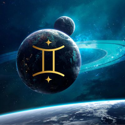 Gemini zodiac symbol over a cosmic planet scene with rings and moons.