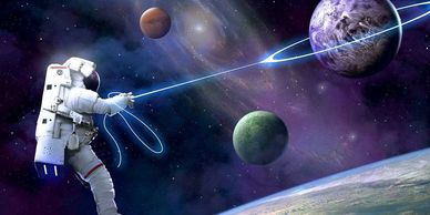 An astronaut in space tethered to a spaceship with planets in the background.