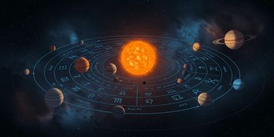 Solar system with planets and zodiac signs orbiting the sun in space.