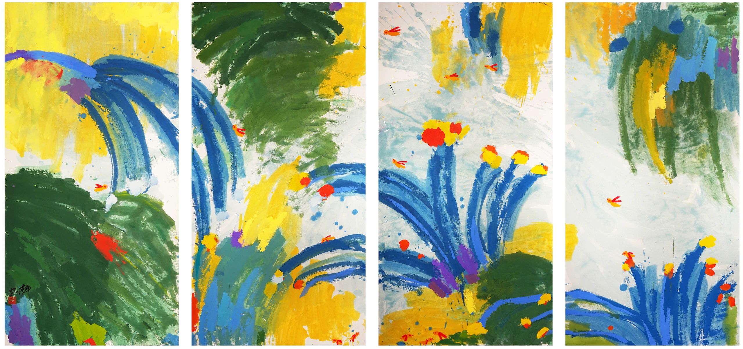 Abstract colorful painting with blue, green, yellow brushstrokes and red accents.