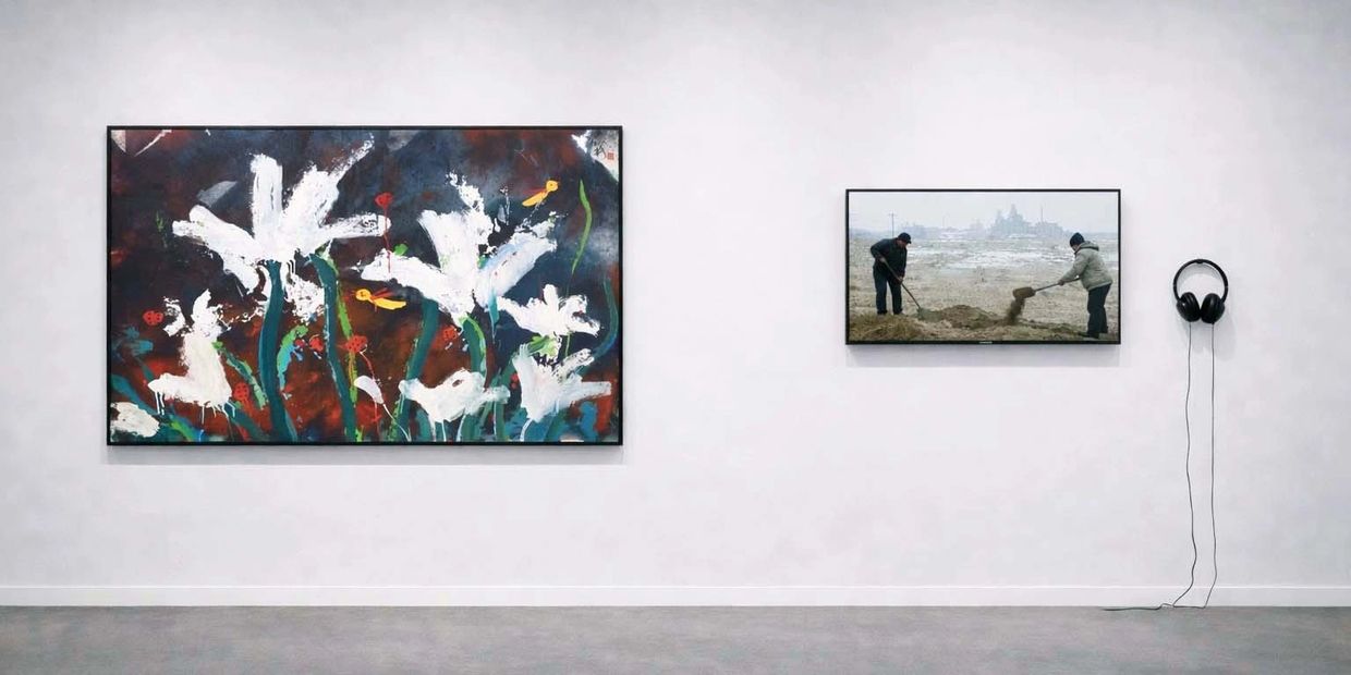 Art gallery wall with two paintings and headphones for audio.