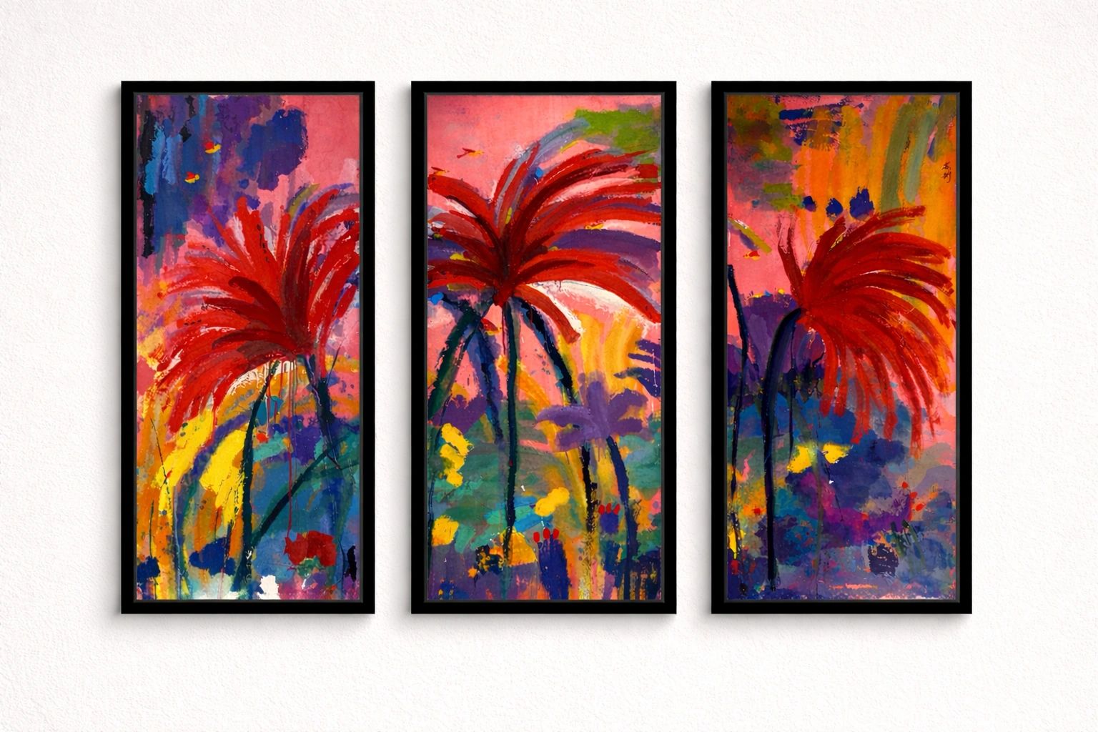 Triptych of vibrant abstract paintings featuring red flowers against colorful backgrounds.