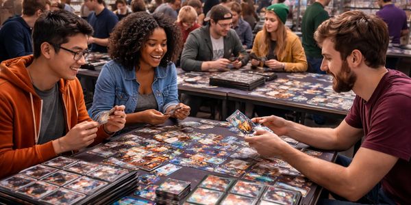 Friends enjoying a lively trading card game session together.
