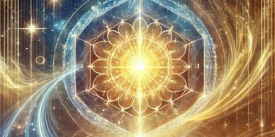 Radiant Flower of Life encircled by celestial elements, representing cosmic energy & divine harmony.