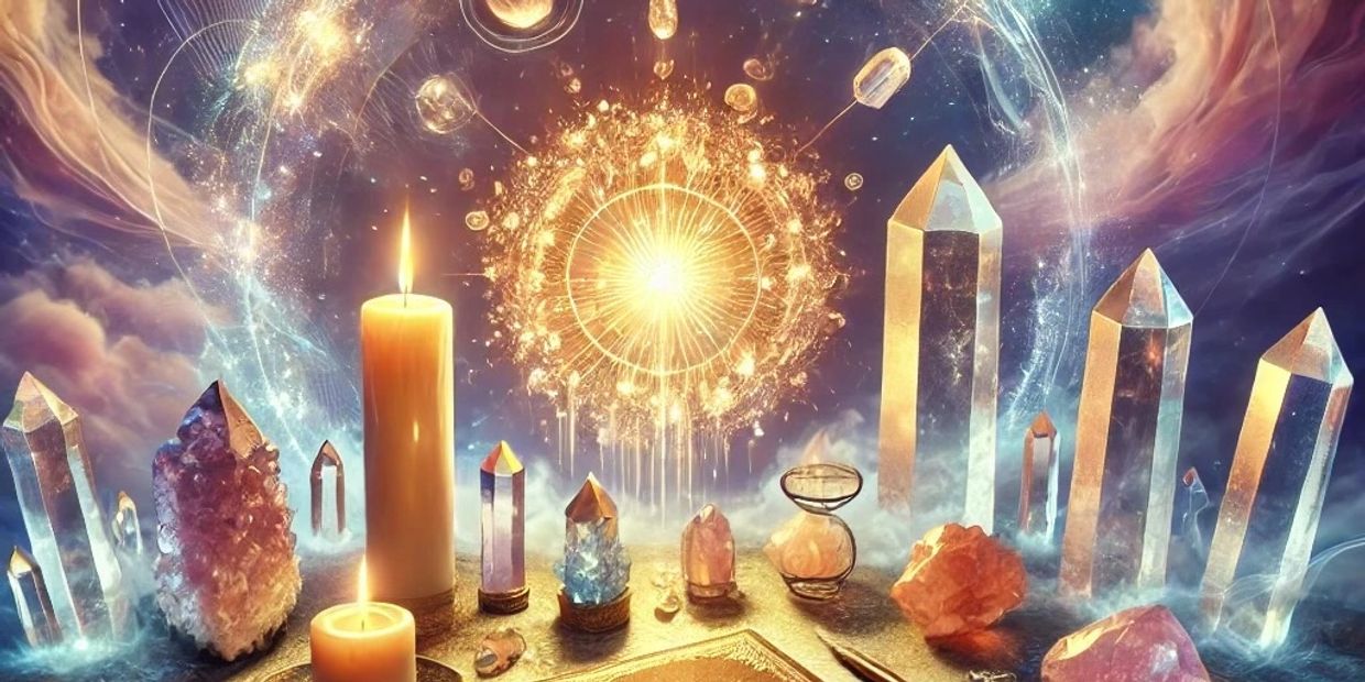 Sacred Alter with Crystals, Candles & Spiritual Tools - Enhance Energy Work & Meditation.