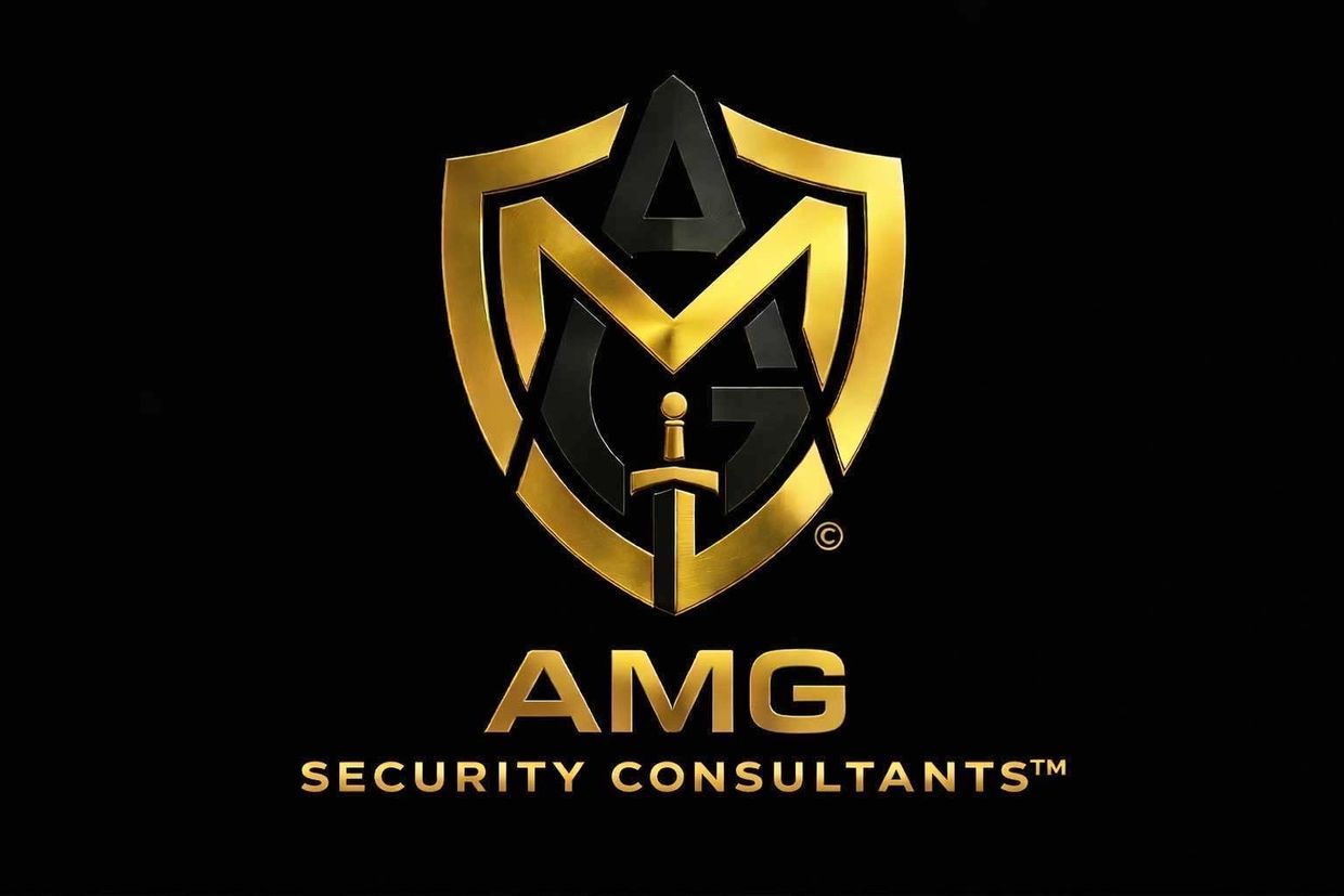 AMG Security Consultants™ logo on a black and gold security consulting background.
