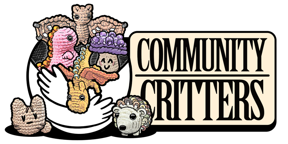 Two arms hugging a group of crochet critters with the name Community Critters to the right. 