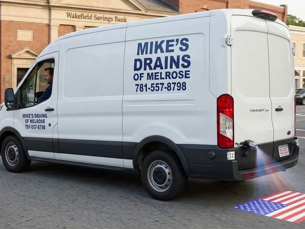 White van with drainage company advertisement.