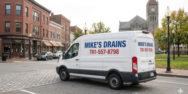 Mike's Drains service van parked in a city area.