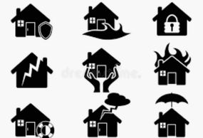 valuation Replacement Cost Valuation (RCV)  commercial & residential damages.
insurance appraisers. Picture of icons that represent property damage for home or commercial property.