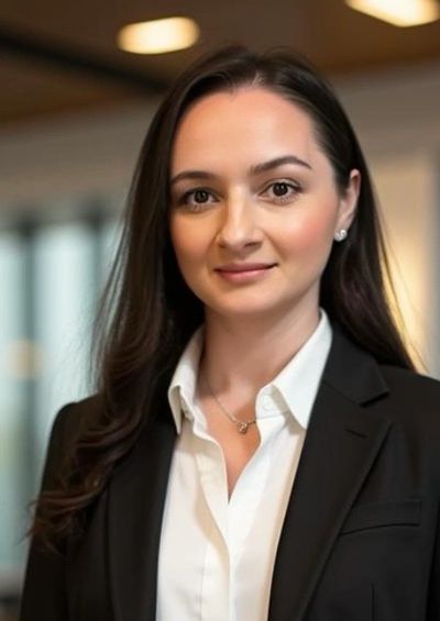 Professional woman in business attire smiling confidently.