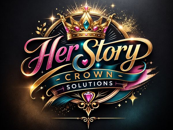 Elegant logo for Her Story Crown Solutions with a jeweled crown and vibrant colors.
