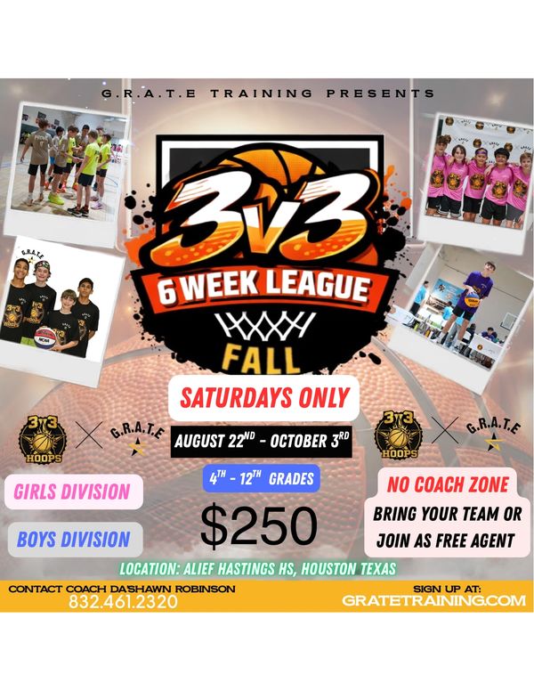 3v3 basketball 6-week league in Houston for grades 4-12.