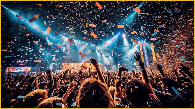 Crowd enjoying a concert with confetti and stage lights.