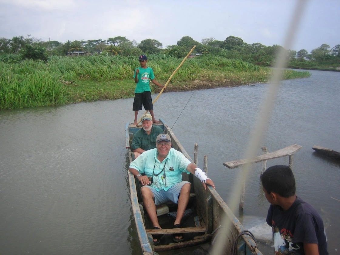 Lee Swidler and Peter Gorinsky floating and fly fishing on a tropical river