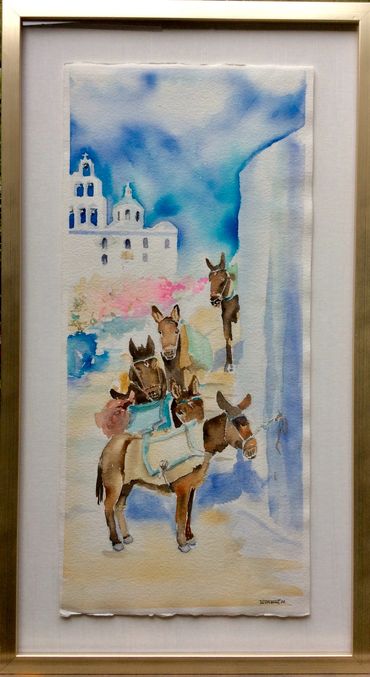 Donkeys on Santorini Street. Watercolor. $240