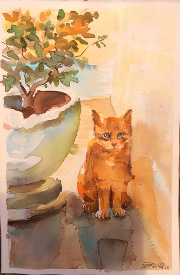 Santorini Orange Cat. Watercolor. No framed 8x10 
$40