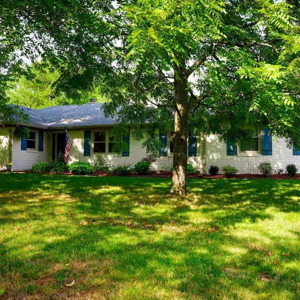 Single-story house with large tree and lawn