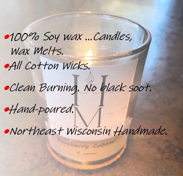 Soy wax candle with handwritten product features overlaid.