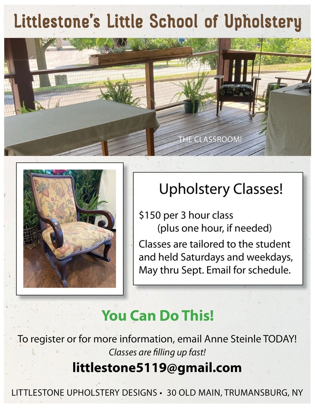 Advertisement for upholstery classes with schedule and contact details.