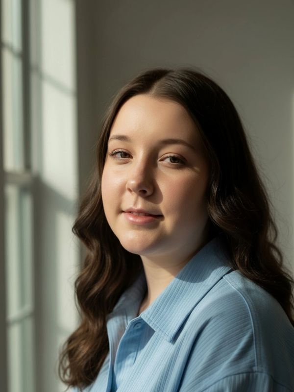 Young woman in blue shirt near window.